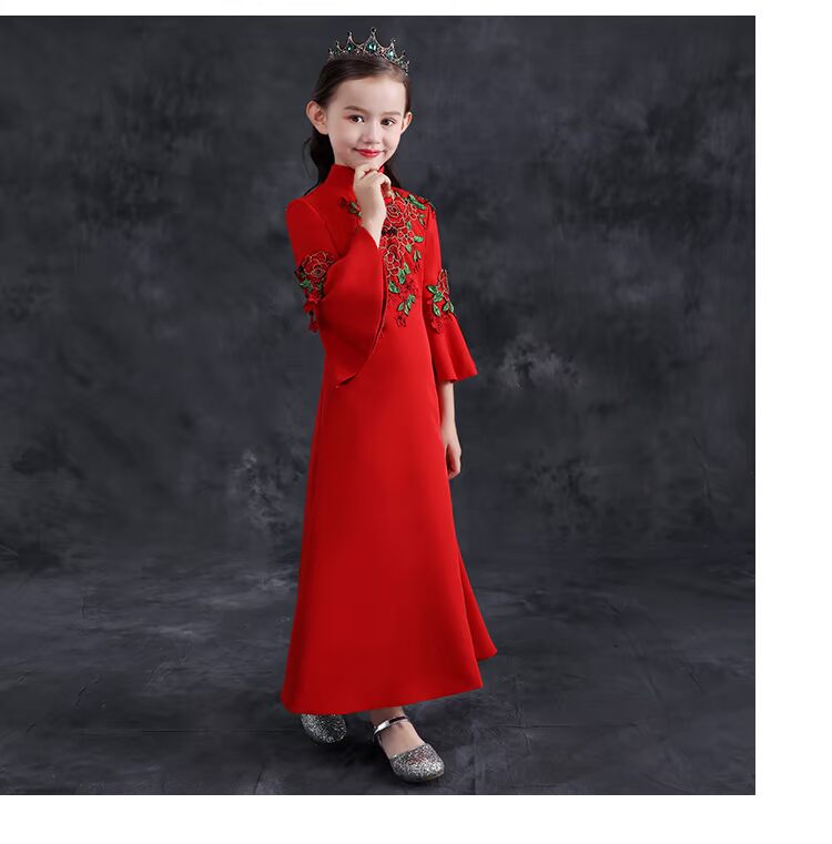 Cô gái sườn xám dài tay thu đông 2018 kiểu mới Trung Quốc cho bé váy công chúa đầm đầm Trung Quốc váy trẻ em 10 tuổi