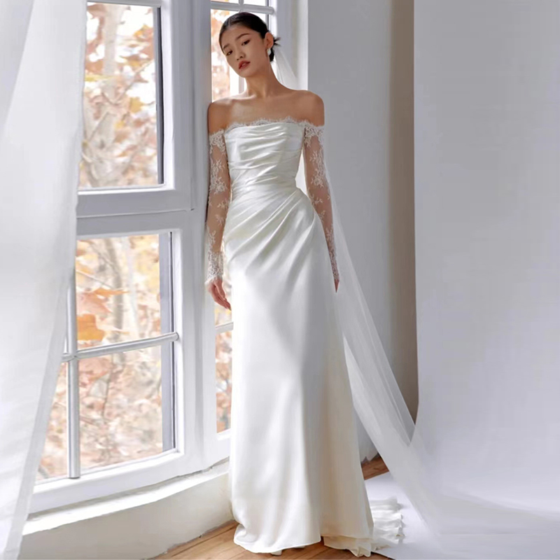 One word shoulder long -sleeved light wedding dress 2023 new temperament lace welcome One word shoulder long -sleeved light wedding dress 2023 new temperament lace welcome