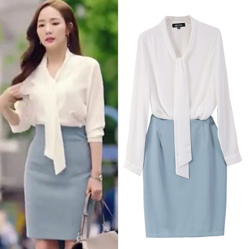 Why Is Secretary Kim Wearing the Same Style as Park Min-Young? Summer White Lace-Up Shirt and Women's Skirt Professional Suit