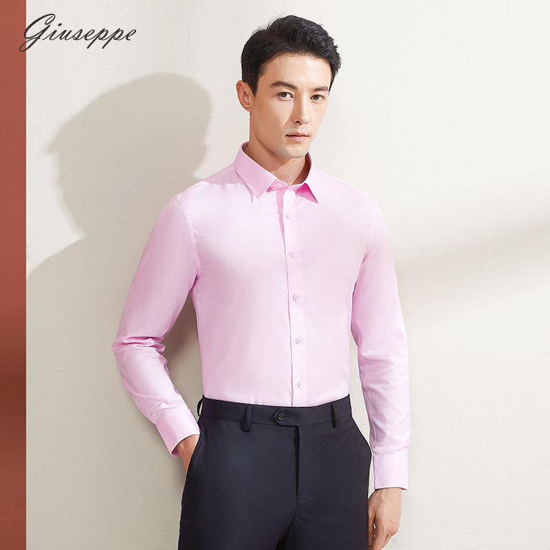 George White Autumn Men's Long Sleeve Shirt with Pointed Collar, Wedding Pink Shirt, Slim Fit Casual Pure Cotton Top
