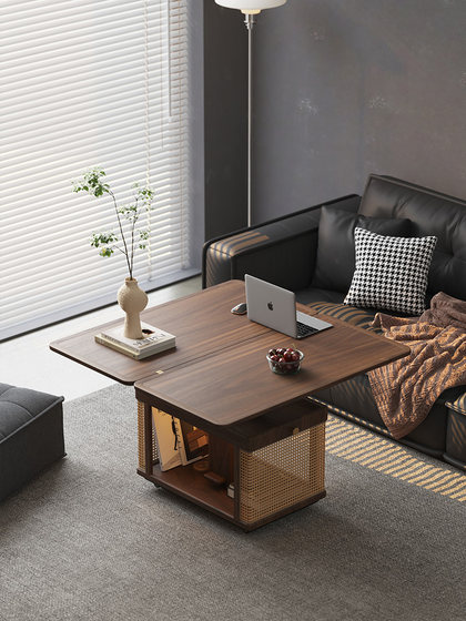 实木茶几可移动黑胡桃木升降餐桌客厅家用旋转折叠沙发边几小推车