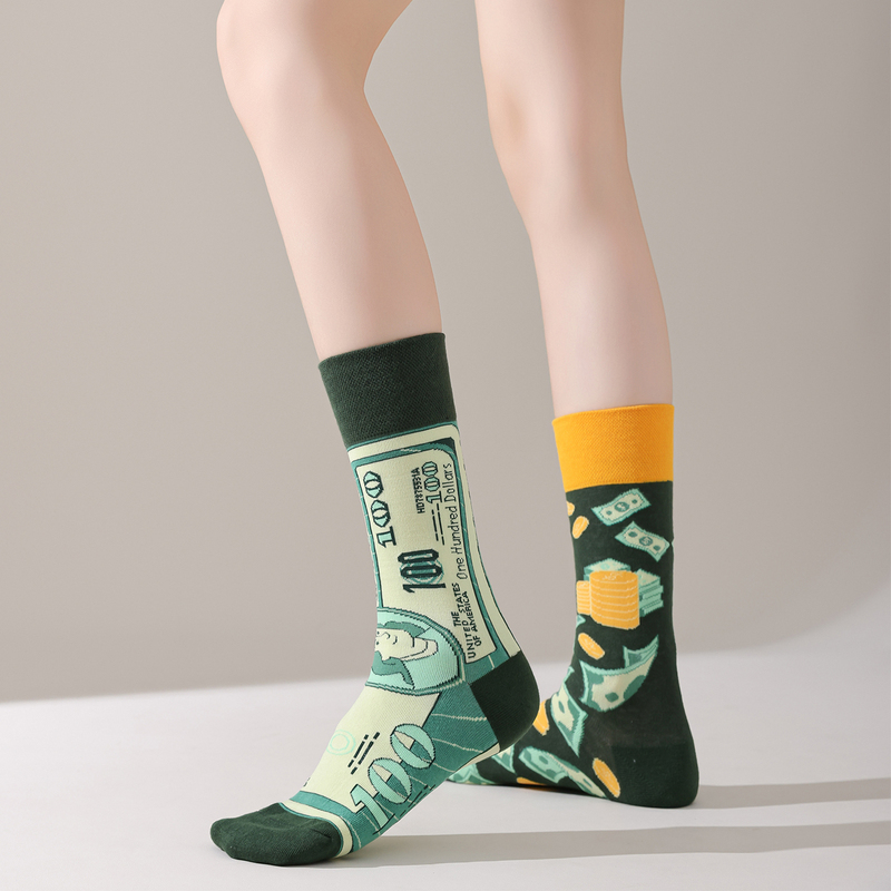 Crazysox Original Men's and Women's Fashion Internet Celebrity Asymmetrical Cotton Socks for Autumn and Winter, Dollar Coin Design