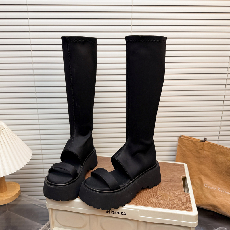 【Xiaoyijia】Korean Style Elastic Open-Toe Long Boots for Women, Black Thick-Soled Waterproof Platform, Slimming Platform Boots