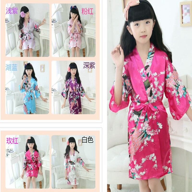 Girl's ice-silk dressing gown pajamas peacock show red children small and Japanese outfit wearing real silk home suit