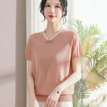 Mom Summer New Short Sleeve Ice Silk Cardiovert t-shirt Old Lady Sweatshirt Knitted Thin Blouse Suit