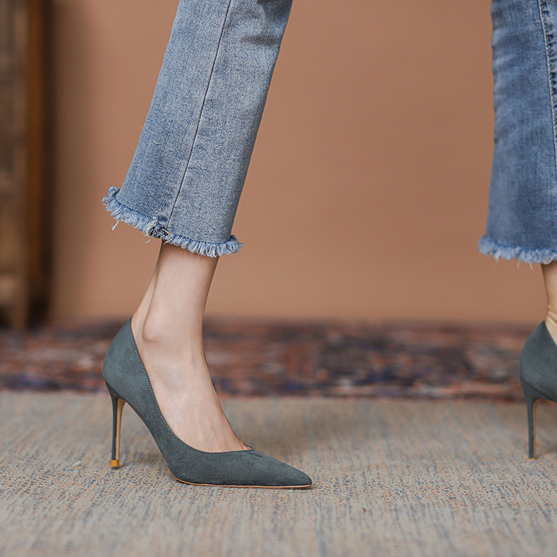 Feiyan 2023 Spring/Summer New High Heels Genuine Leather Velvet Round Toe Stiletto Commuting Shallow Versatile Professional Women's Shoes
