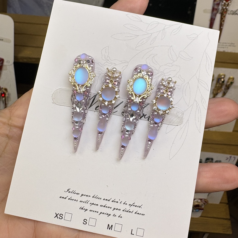 Purple Light Glazed Fantasy Purple Frosted Blue Tears Aurora Handmade Wearable Nails Long Pointed Dazzling High-End Nail Art That Makes Skin Look Fairer