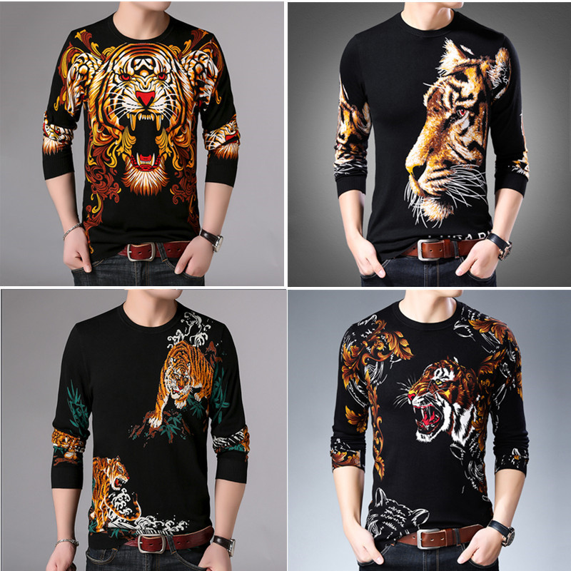Men's Sweater with Tiger Head Print, Thin, Fashionable, Trendy, and Bold Men's Knitwear