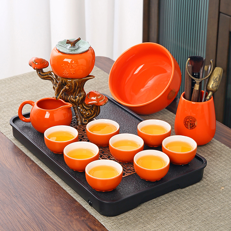 Dehua Ceramic Persimmon Tea Set, Orange Kung Fu Tea Set for Home Use, Semi-Handmade, Anti-Scalding, Lazy Tea Maker for 6 People