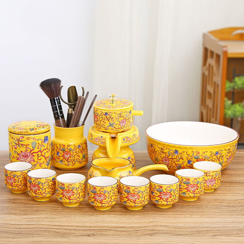 Enamel lazy stone grinding automatic tea set simple Chinese household living room complete anti-hot brewing artifacts