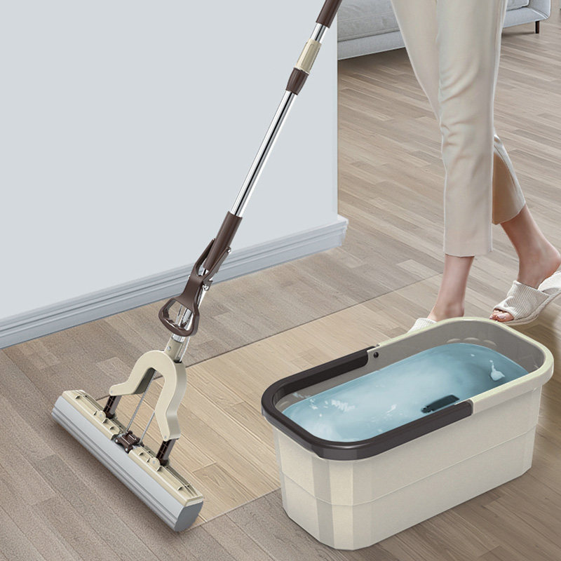 Water-absorbing sponge mop Rotating hand-free dry and wet dual-use folding household rubber cotton mop head floor mop bucket
