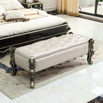 Black genuine leather strip European-style bed tail stool solid wood Carved Bedroom Bed tatami Princess Beauty Talavish Bed Tail Sofa