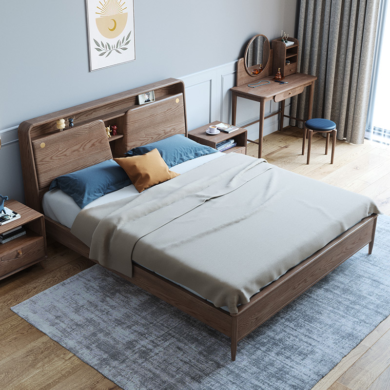 Ash wood solid wood bed master bedroom double bed 18 meters modern minimalist 15 with bookshelf storage small apartment marriage bed