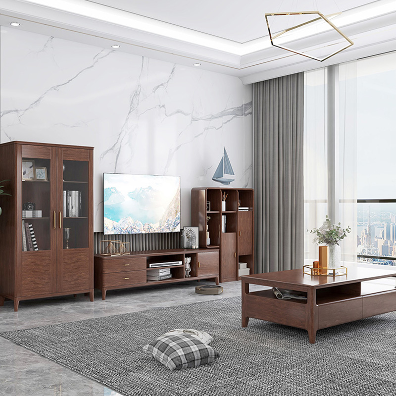 Solid wood TV cabinet walnut modern minimalist light luxury living room TV cabinet coffee table combination wall cabinet high and low cabinet set