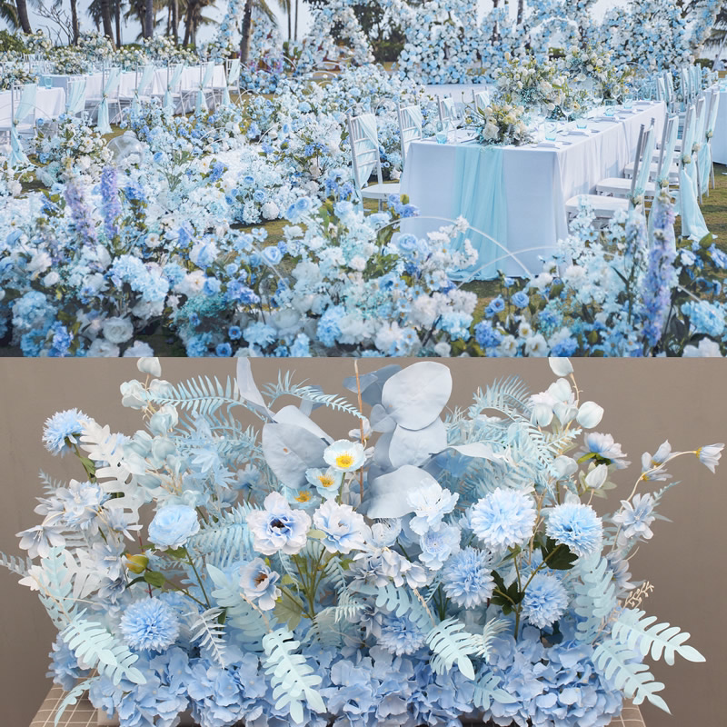 New wedding arrangement flower art blue theme wedding flower row guide row flower T stage row flower stage shopping mall layout