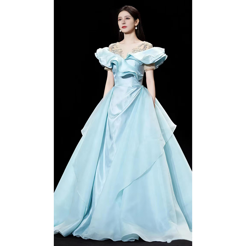 Blue Evening Dress for Women, High-End Luxury, 2026 New Model, Heavily Embellished Ethnic Vocal Solo Performance Outfit