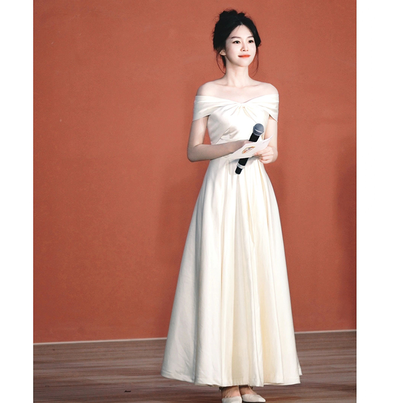 One-Shoulder Student Dress for Women, French-Style Engagement Registration White Dress, Birthday Graduation Evening Satin Dress