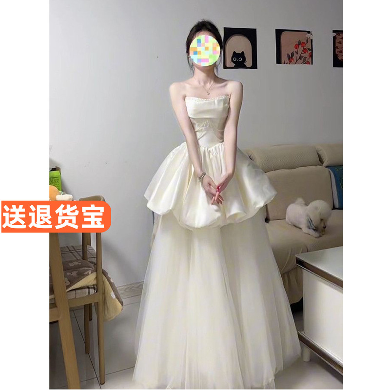 White Satin Light Wedding Dress, Bridal Departure Dress, French-Style Strapless Engagement Dress, Coming-Of-Age Ceremony Dress, Vocal Arts Exam Princess Dress White Satin Light Wedding Dress, Bridal Departure Dress, French-Style Strapless Engagement Dress, Coming-Of-Age Ceremony Dress, Vocal Arts Exam Princess Dress
