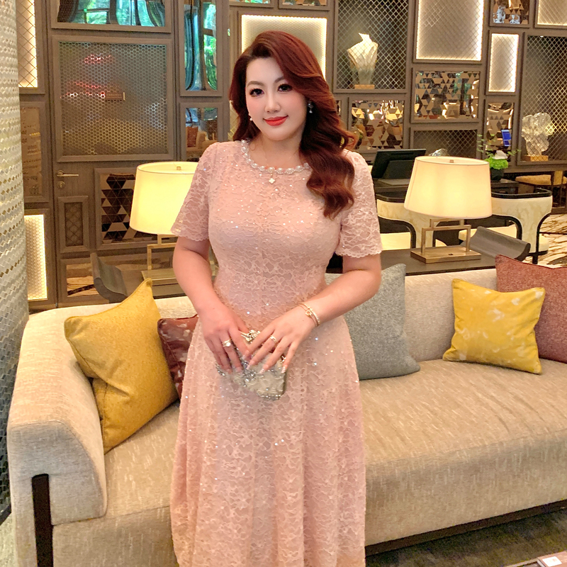 Glec Plus-Size Women's Clothing, Heavy Beading, Lace Jacquard, Sequin Long Dress, Socialite Style, Important Occasion A-Line Dress
