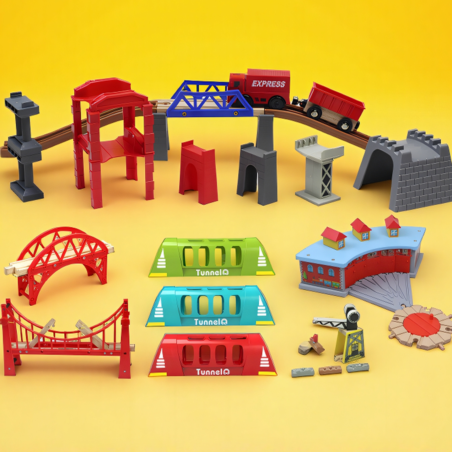 Wooden train railed, constructor with accessories, toy