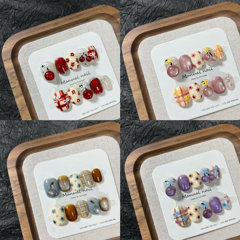 Small Floral Holiday Cute Cat-Eye Gradient Plaid Autumn and Winter Sweet Temperament Three-Dimensional Cherry Short Round Press-On Nails