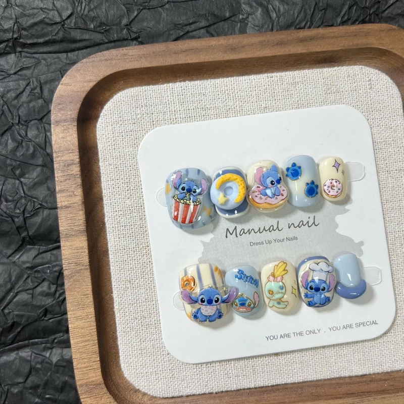 Cute and Adorable Cartoon Disney Stitch Blue Striped Brightening Sweet Three-Dimensional Asymmetrical Short Round Press-On Nails