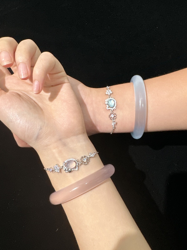 Sheyu Lumi Aquamarine Pink Crystal Love Cat Bracelet Gift for Best Friends and Couples New Chinese Style Cat's Eye Bracelet