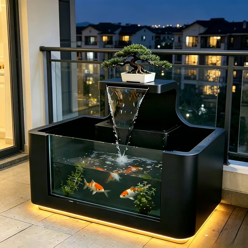 Courtyard 304 Stainless Steel Fish Pond Integrated with Filter Compartment, Flowing Water Landscape Finished Product, Outdoor Balcony Fish Tank