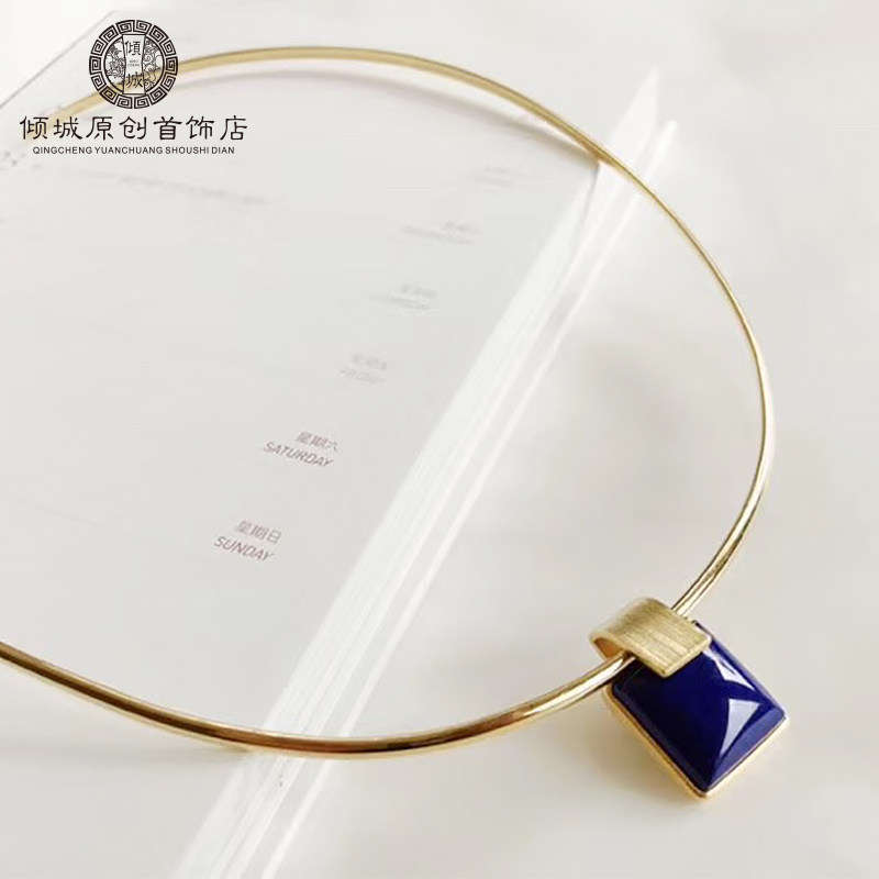 Natural Lapis lazuli pendant women's retro necklace Ethnic style court style literature and art Sterling silver square square necklace