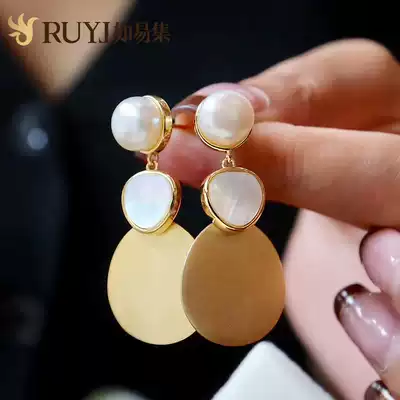 Large earrings female fashion temperament pearl Shirakawa mother of pearl drop earrings High sense atmosphere original design round sterling silver earrings