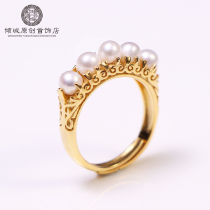 Natural pearl ring female sterling silver gilded opening decoration food finger ring fat finger ring retro personality ins Forbidden City