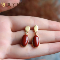 Red earrings female long temperament natural southern red agate earrings retro Hong Kong style fashion European and American sterling silver big earrings