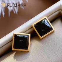 Hetian jade ink jade earrings female sterling silver simple cold wind small black earrings temperament square gemstone earrings men