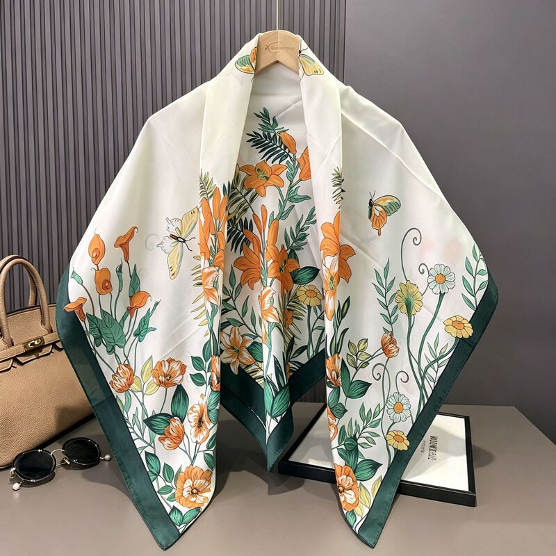 New Style 110×110 Square Scarf with Floral Fragrance Attracting Butterflies, Satin Printed Silk Scarf, Brocade Imitation Silk Headscarf, Southeast Asia New Style 110×110 Square Scarf with Floral Fragrance Attracting Butterflies, Satin Printed Silk Scarf, Brocade Imitation Silk Headscarf, Southeast Asia