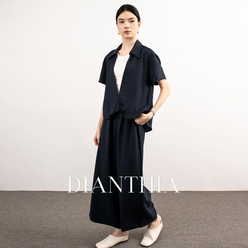 Dianthia Minimalist Wide-Leg Pants and Short-Sleeved Shirt Set for Women 2026 Summer Navy Blue Drapey Elegant Two-Piece Set