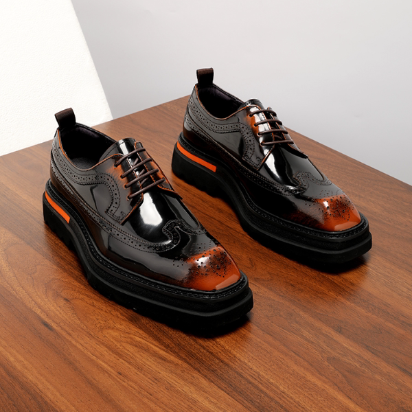 High-End Diamond-Studded Brogue Leather Shoes for Men, Genuine Leather, Thick-Soled, Height-Increasing, Glossy, Carved Men's Shoes, Derby Shoes 2026