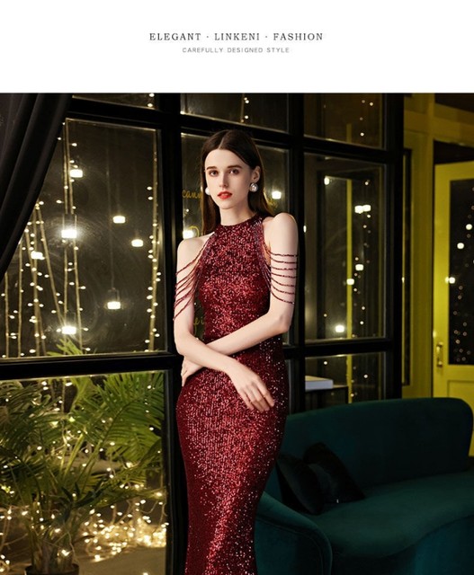 2023 ໃຫມ່ sexy halter neck dress ພັກປະຈໍາປີ banquet fishtail hip ຕອນແລງ dress sequined temperament ຍາວ skirt