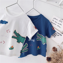 Xiaojies boys summer dress T-shirt loose tide baby cartoon crocodile Korean version of foreign-style childrens Tide brand short-sleeved T-shirt