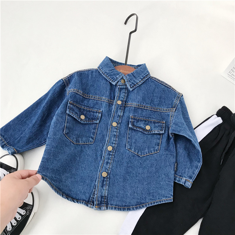 Xiaojie home 2018 mùa thu mới bé trai và bé gái phiên bản Hàn Quốc của áo sơ mi denim rộng bé cotton denim thời trang bé gái