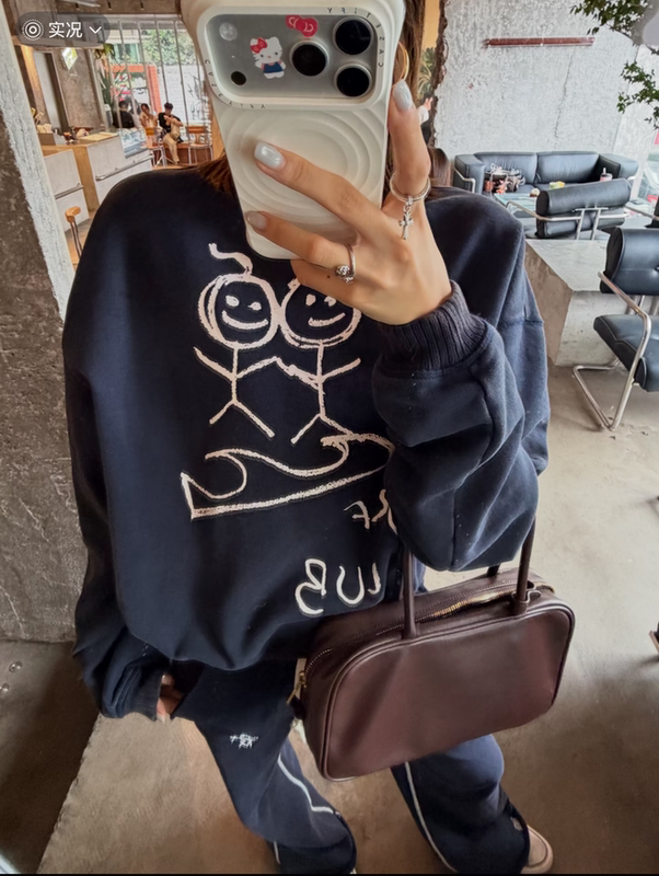 Boutique Paper Bag Packaging】Urban Stickman Hand-Painted Printed Logo Round Neck Ribbed Drop Shoulder Long Sleeve Sweatshirt
