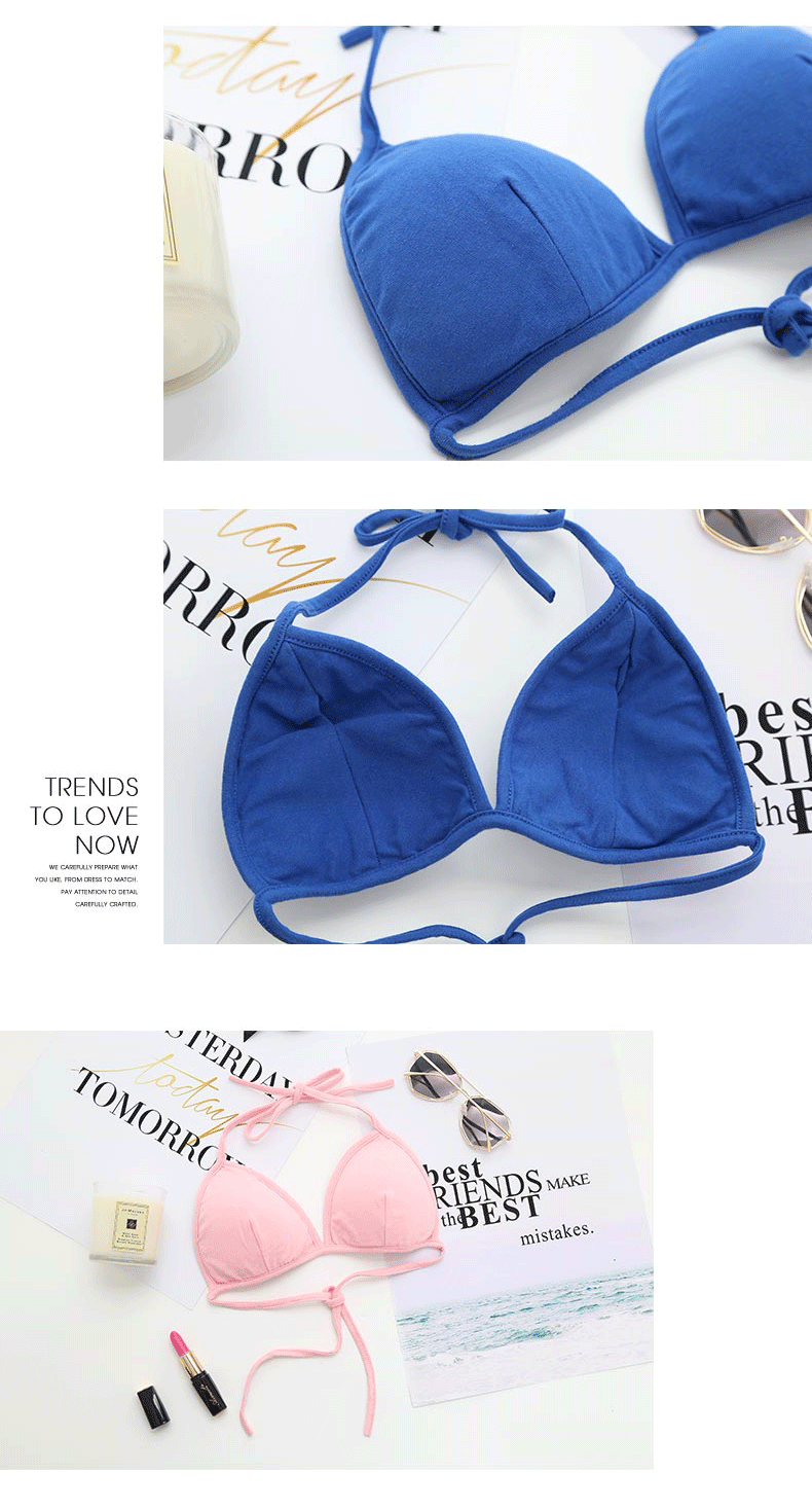 Bãi biển bikini tam giác cup áo ngực cô gái ren đồ lót cotton phần mỏng tập hợp màu rắn không có vòng thép cốc đầy đủ