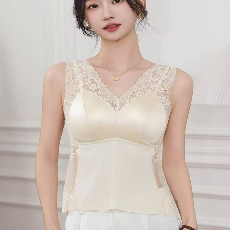 Purely Sensual Lace Vest with Breast Pads, Swallowtail Design, Beautiful Back, Slimming and Waist-Defining, Fixed Cup, Can Be Worn Outside, for Women