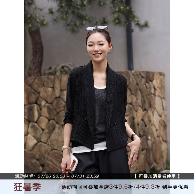 Zhou Zhou Black 26 Autumn Linen Lightweight Short Slim-Fit Long-Sleeve Top Loose Versatile Fashionable Cardigan Jacket for Women