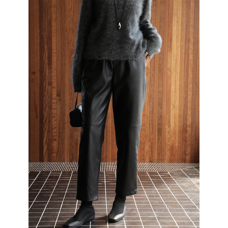 Zhou Zhou Simple Retro Fashion Slimming Pu Straight-Leg Pants 2026 Spring New Nine-Point Wide-Leg Casual Leather Pants for Women