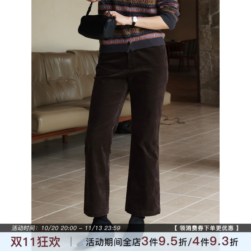 Zhou Zhou [Nocturne] 26 Autumn New Vintage Coffee Color Corduroy Casual Pants Slimming Nine-Point Flared Pants for Women