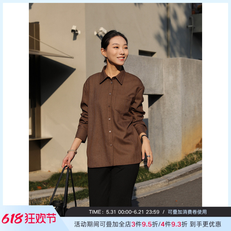 Zhou Zhou Brown Vintage Simple Casual Long Sleeve Shirt 2026 Spring New Loose Commuter Versatile Shirt for Women Zhou Zhou Brown Vintage Simple Casual Long Sleeve Shirt 2026 Spring New Loose Commuter Versatile Shirt for Women