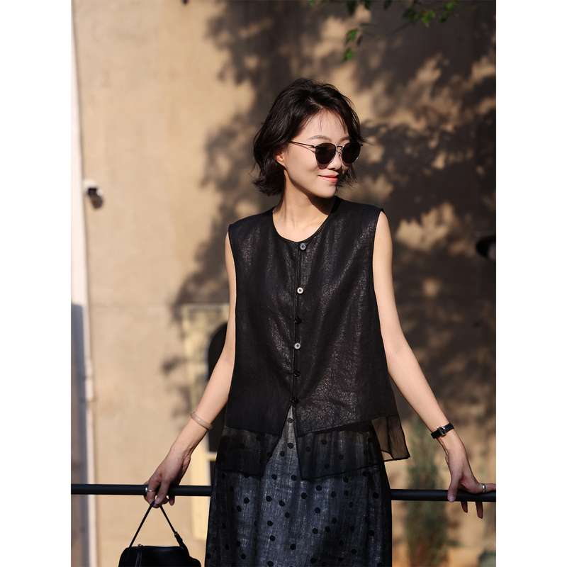 Zhou Zhou New Chinese Style Mesh Patchwork Vest 2026 Summer New Thin Round Neck Hemp Sleeveless Vest for Women