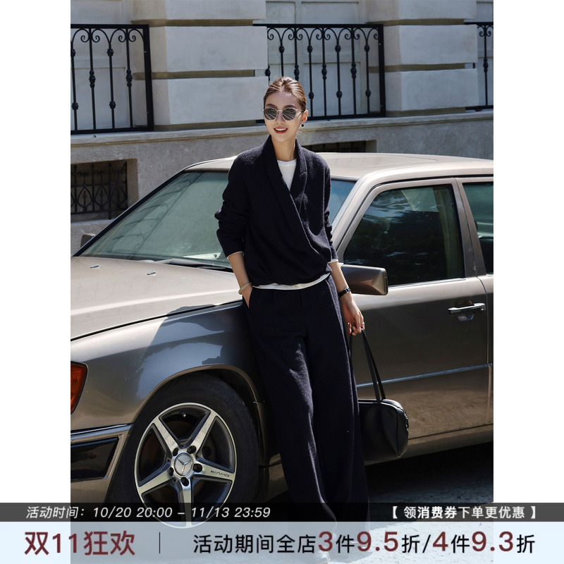 Zhou Zhou [Ulan Bator] 2026 Autumn New Navy Blue V-Neck Cross Short Jacket Wide-Leg Pants Suit for Women