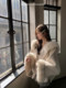 MUKOK fox fur collar + cuffs gold hooded cloak double-sided woolen loose coat for small women