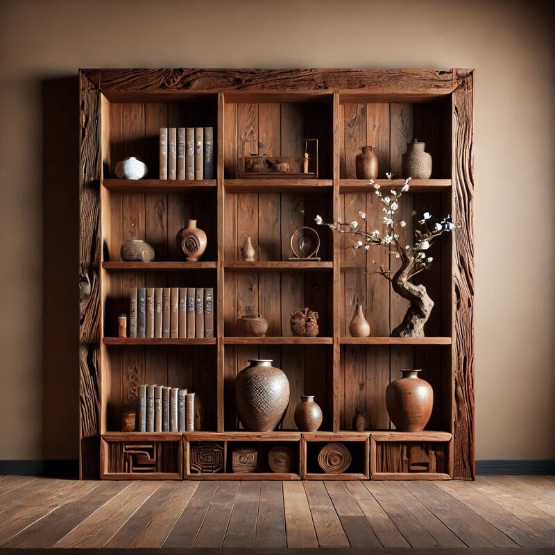 Wabi-Sabi Style Solid Wood Display Shelf, Weathered Wood Storage Rack, Floor-Standing Multi-Layer Old Elm Storage and Display Cabinet